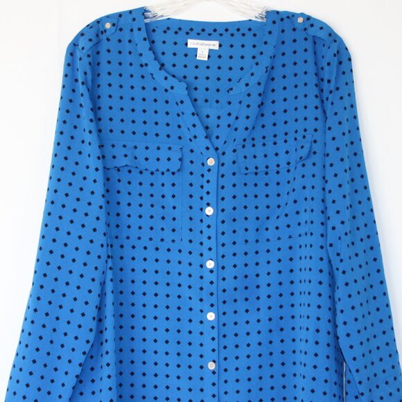 CROFT & BARROW WOMEN DIAMOND CHECK LONG SLEEVE BUTTON BLOUSE TOP SZ L ROYAL BLUE - Picture 2 of 16